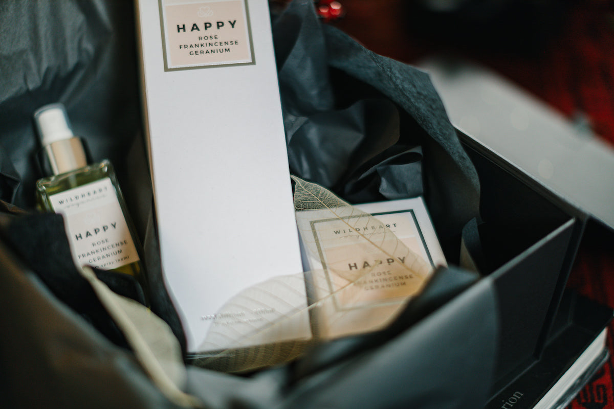 Happy Gift Set - essential oil candle, room diffuser and room spray by Wildheart Organics for AUTHOR