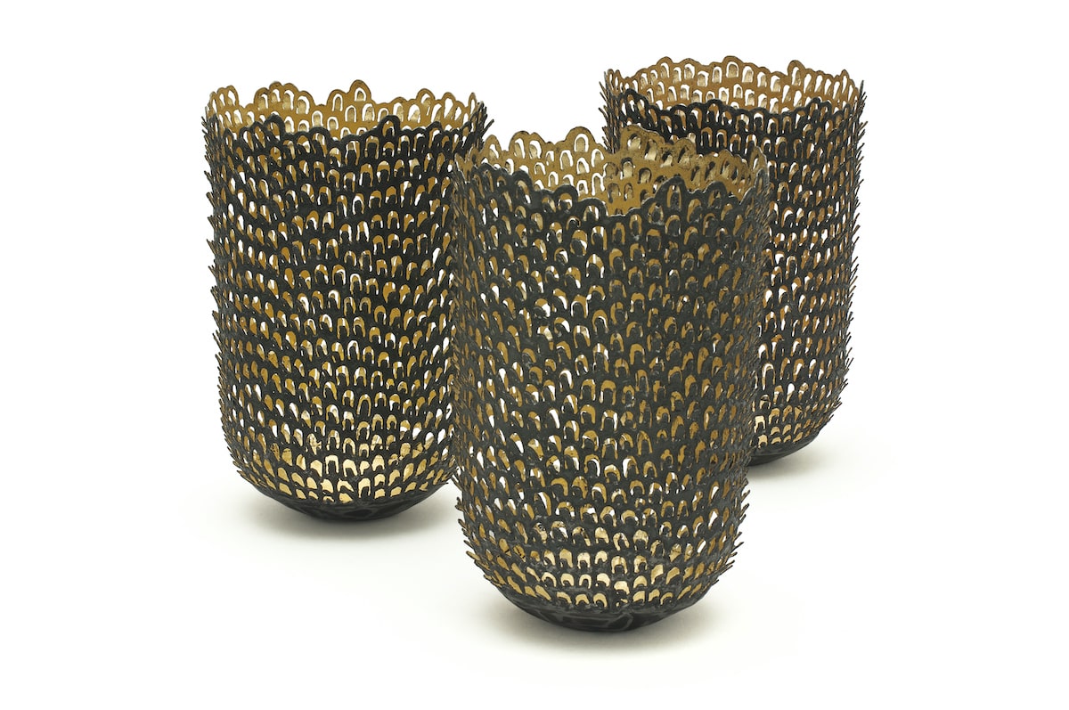 Teasel Vessel by Claire Malet upcycled tin can with gold leaf for AUTHOR Interiors' collection of British sustainable luxury furniture and homeware