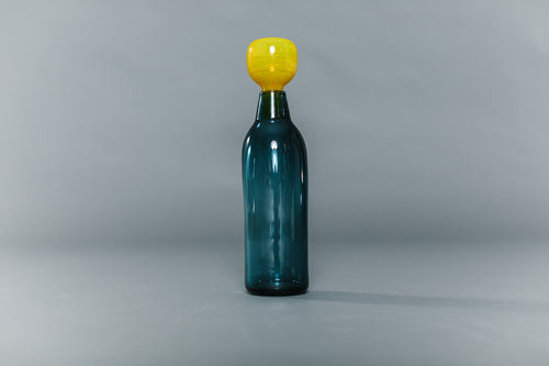blue glass decanter with yellow glass stopper handblown by Vicky Higginson for AUTHOR