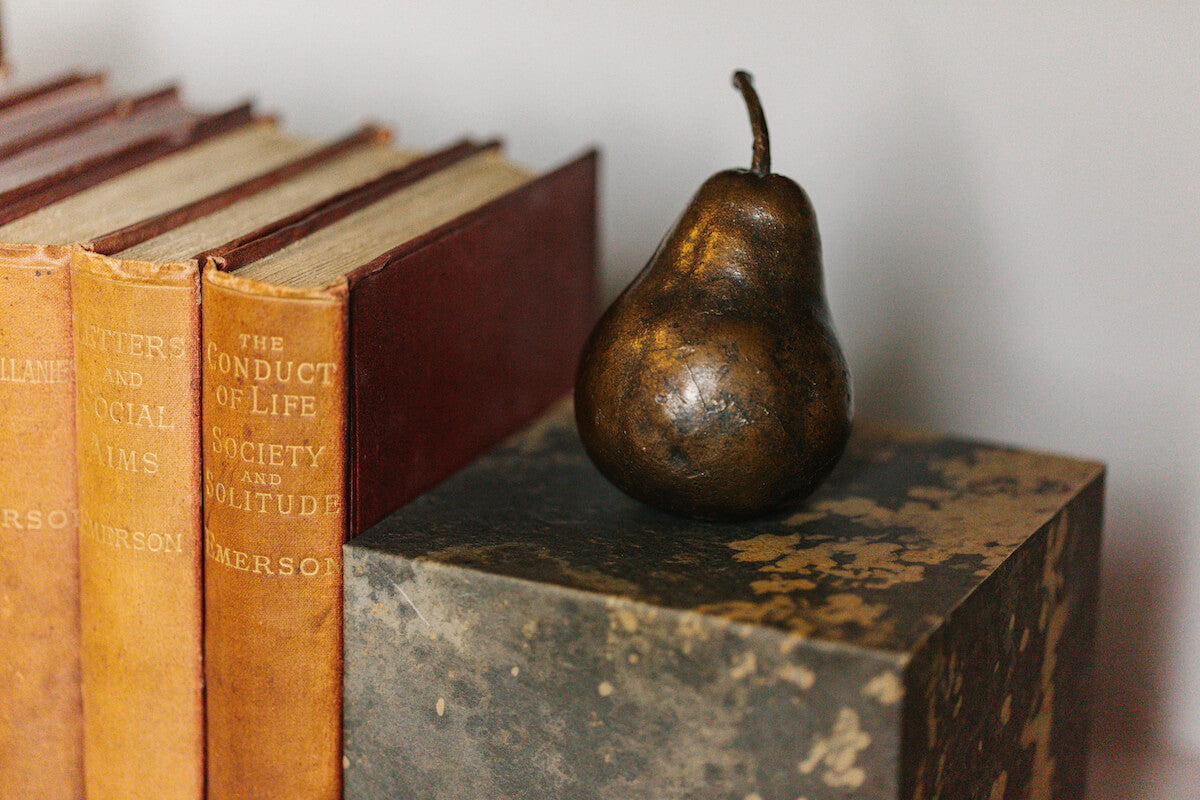 bronze pear sculpture by Alice Andrea Ewing at Pomarius for AUTHOR