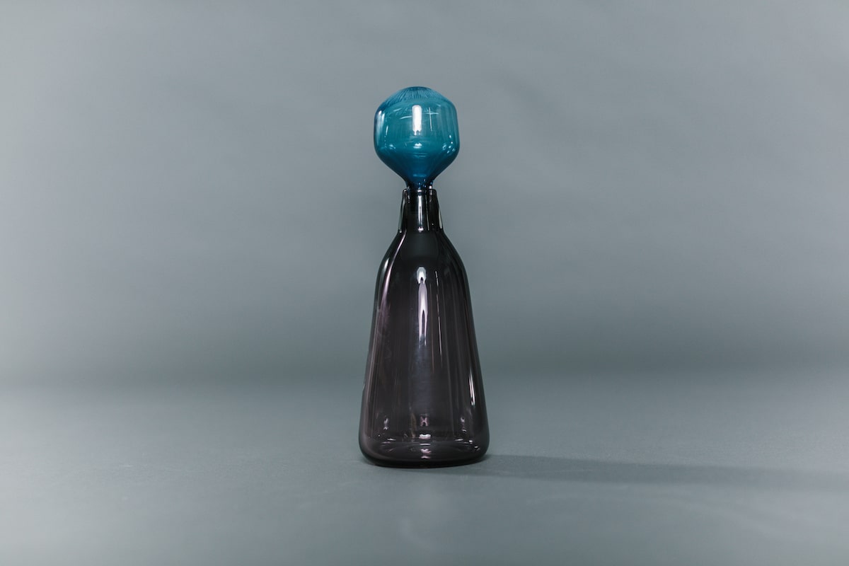 Grey Glass Decanter with Blue Stopper handblown by Vicky Higginson for AUTHOR