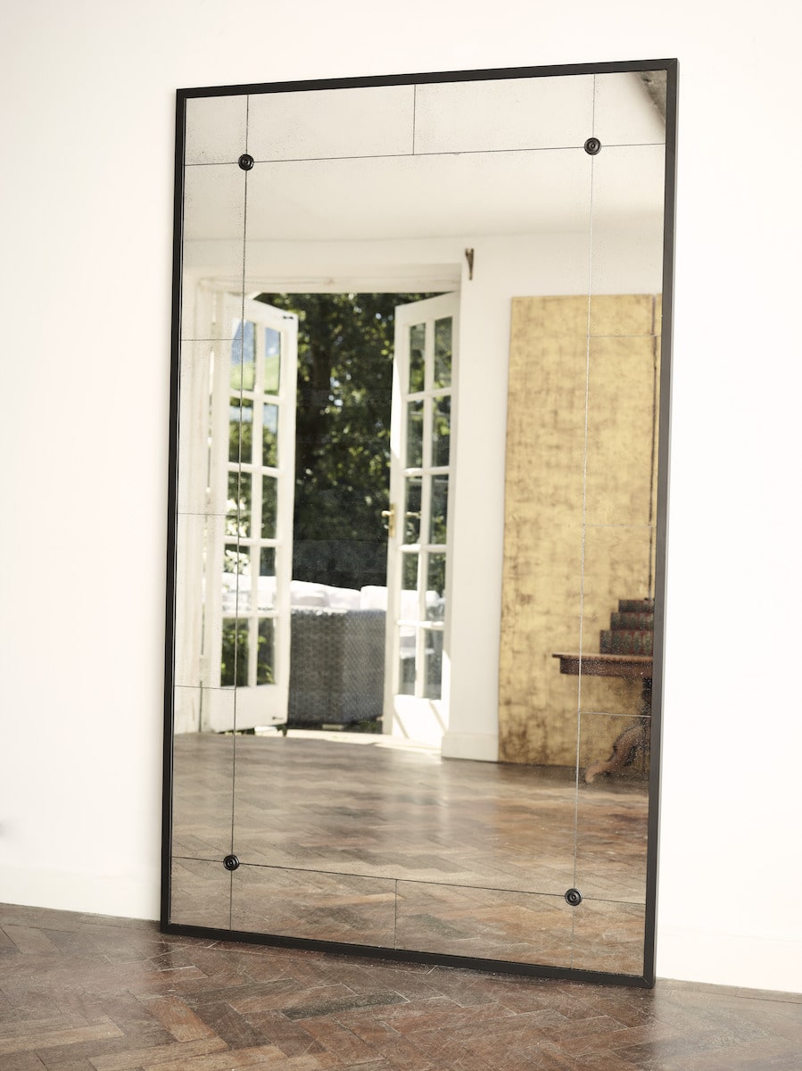 Luxury floor mirror with antiqued glass handcrafted in England by Dominic Schuster