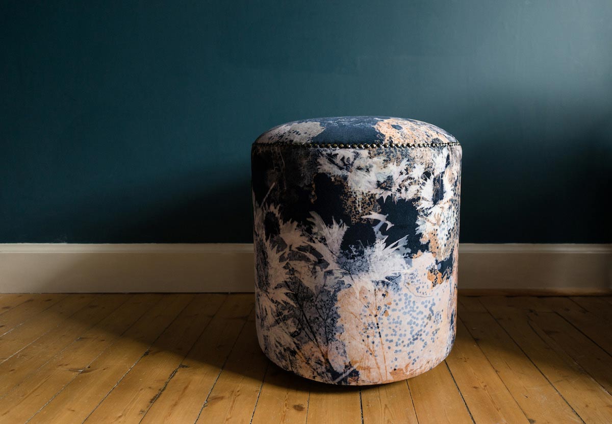 Blue, white and orange velvet modern stool made in the UK by Mairi Helena for AUTHOR Interiors' collection of luxury furniture