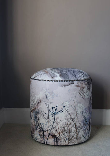 The Forest Light Footstool, in white, black and grey velvet fabric, by Mairi Helena for AUTHOR Interiors' collection of luxury furniture brands in the UK