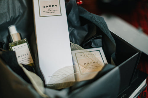 Happy Gift Set - essential oil candle, room diffuser and room spray by Wildheart Organics for AUTHOR