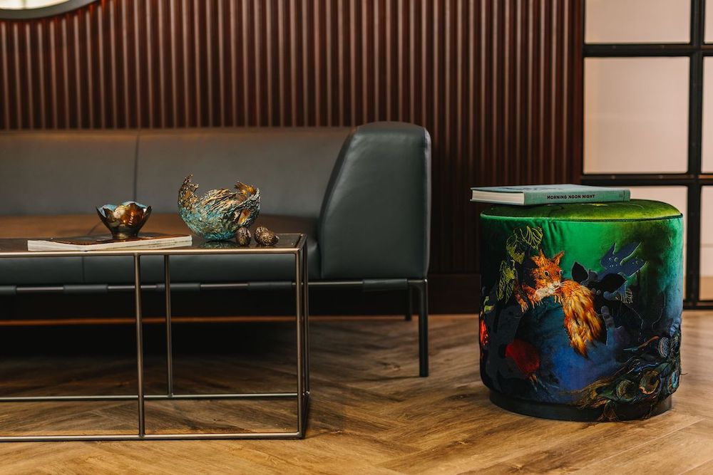 Red Squirrel and Peacock Velvet Footstool by Jacky Puzey for AUTHOR's collection of British made luxury furniture and home accessories