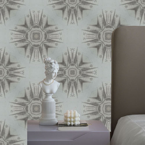 Moonlight Wallpaper by Julia Clare behind a table with a bust sculpture of a woman's head