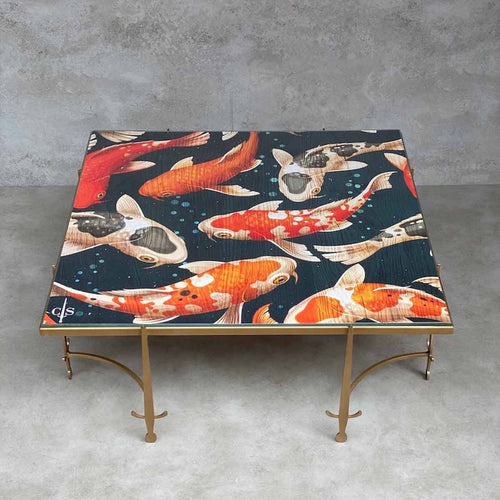 Metal leg luxury coffee table with Koi Fish design made in Great Britain by Cappa E Spada for AUTHOR Interiors' collection of British-made luxury coffee tables