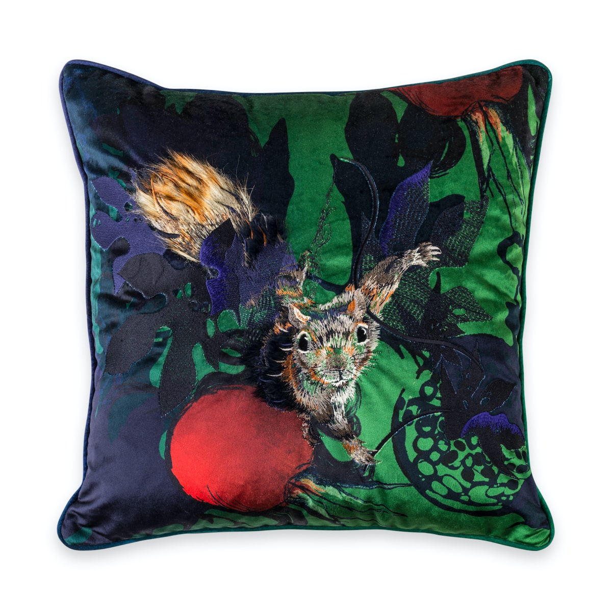Red Squirrel Velvet Square Cushion by Jacky Puzey for AUTHOR's collection of British made luxury home accessories